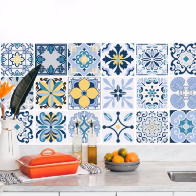 Stickers carrelage carreaux de ciment bleu 10X10cm -Kit de 60