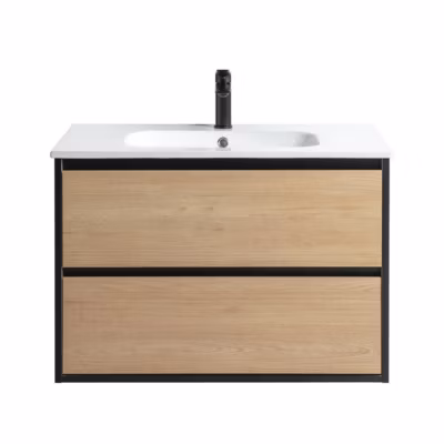 Pack Meuble prémonté 80 bois détail noir-Vasque céramique-Robinet noir-Miroir JOY – bain-bain