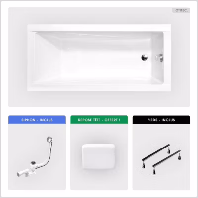 Baignoire rectangulaire – 140 x 70 cm – sans Habillage – avec Pieds – Repose-tête – Vidage Chrome – MODERN