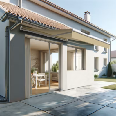 Store banne monobloc ESPAI 4,00×3,00m (Motorisé à interrupteur + manœuvre de secours – Ecru – Blanc)