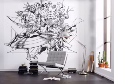 Papier peint panoramique sur intissée de Komar – Marvel Avengers Black and White – Taille: 300 x 280 cm