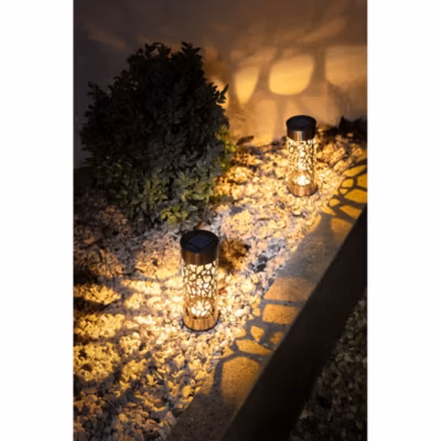 Borne solaire en inox ajourée- Hauteur 28 cm- Diamètre 6,9cm- à planter ou poser, lumière blanc chaud-  4 Lumens