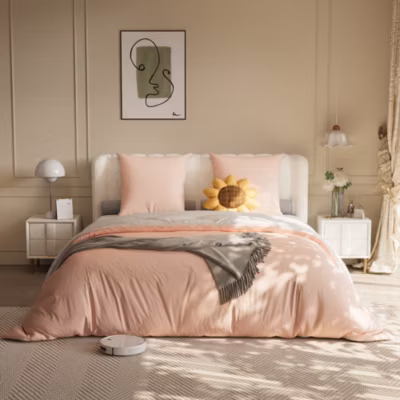 Parure de lit 4 pièces en polyester 140×200 cm, motif à carreaux style coton, résistante aux plis et à la décoloration – Rose