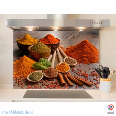 Crédence cuisine fond de hotte Epices colorées – Verre trempé – L 90 cm x H 50 cm – MaCrédenceDéco