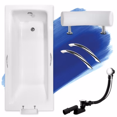 Baignoire rectangulaire 160 x 75 TALIA PREMIUM acrylique blanc, sans Habillage + Poignées + Repose Tête + Pieds + Vidage à chromé