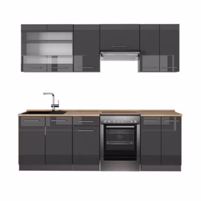 Vicco Cuisine Anthracite Haute brillance 240cm , PT Chêne