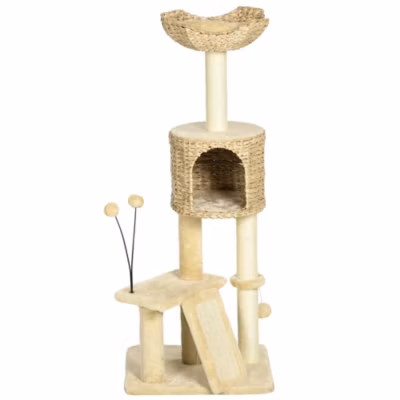 Arbre à chat style cosy chic griffoirs grattoir sisal naturel équipement multiple peluche jacinthe d&rsquo;eau beige