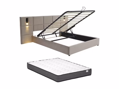 Lit coffre 160 x 200 cm avec tête de lit et lampe intégrée – Velours – Taupe + Matelas – SARETO