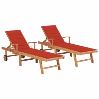 vidaXL Chaises longues 2 pcs avec coussin rouge Bois de teck solide 3073192