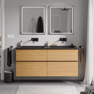 Meuble vasque suspendu MDF Chêne miel, lavabo fonte Noir mat sans trou robinet, poignée Anthracite mat – 140x46x62cm – LAVOA
