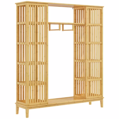 Armoire penderie en bambou – 2 portes coulissantes, 7 étagères, 2 barres – dim. 145L x 35l x 165Hcm