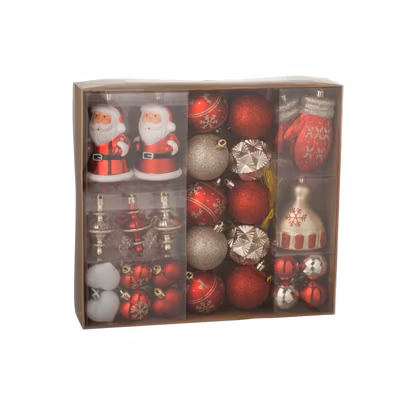 Boite de 80 décorations de Noël en plastique rouge 30x18x58 cm