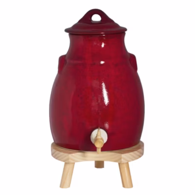 Vinaigrier 3,5 l en grès rouge sur socle bois