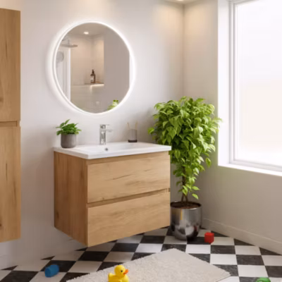 B-Way 59x50x45 cm meuble de salle de bain suspendu 2 tiroirs avec lavabo en marbre coulé, chêne mat (BWAY260OAKU)