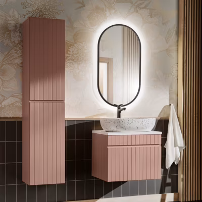 Ensemble meuble simple vasque 60cm et colonne Zelie Rose et Blanc