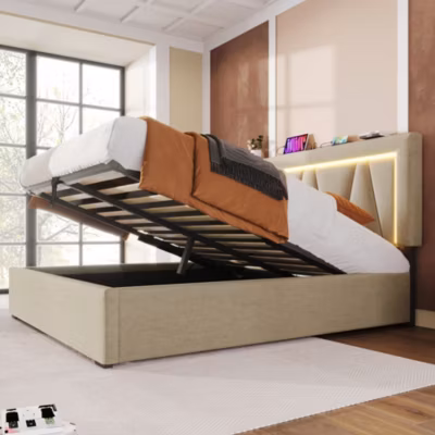 Canapé-lit 140×200 cm tête réglable (12-32 cm) LED multicolore, USB/Type-C, rangement gaslift, lin beige