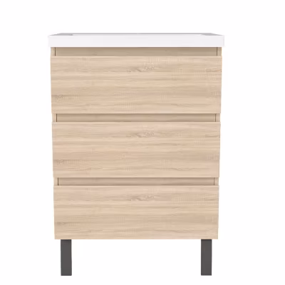 Meuble de salle de bain suspendu 60 cm, 3 tiroirs, MDF chêne, avec vasque – pieds inclus