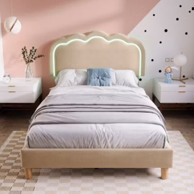 Lit 90×190 cm rembourré en lin beige avec tête de lit pouf LED réglable, cadre robuste et style contemporain