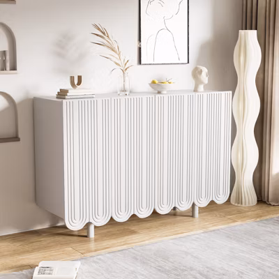 Buffet 120×80.8×37.5cm, buffet en forme de larme avec 4 portes profilées et charnière tampon, blanc