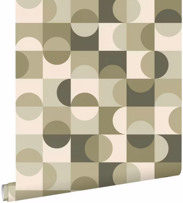 ESTAhome papier peint cercles de style Bauhaus vert grisé et beige 50 x 900 cm