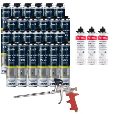 Pack 24 Mousses expansives PU pistolable P305 Foam&rsquo;n&rsquo;Fill 750ml BOSTIK + 3 Nettoyants FoamCleaner 929 500ml + Pistolet manuel