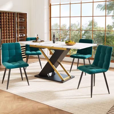 Table à Manger Extensible avec Pieds Croisés Dorés, Plateau MDF et Structure Métal, 120-160x80x75,4 cm, Noir et Blanc