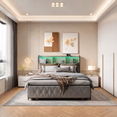 Lit 180×200 cm en velours beige avec tiroirs, tête de lit LED multicolore, USB/Type-C et rangement sous lit