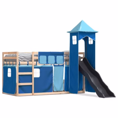 Cadre de lit, Lit superposé sans matelas avec toboggan et rideaux 90×190 cm