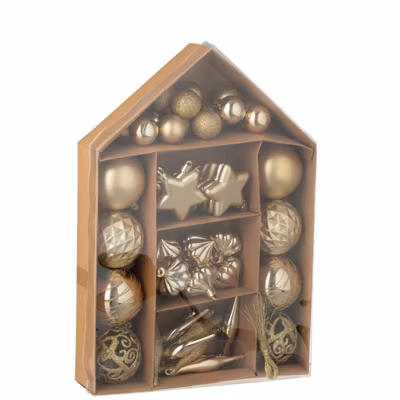 Boite de 50 décorations de Noël en plastique doré 24x6x34 cm