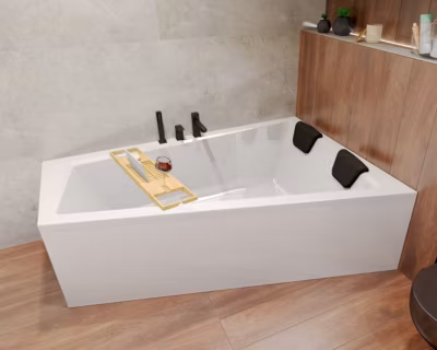 Baignoire asymétrique 180×125 Droite INTIMA acrylique blanc, sans Habillage + Repose Tête + Étagère bambou +Pieds +Vidage à chromé