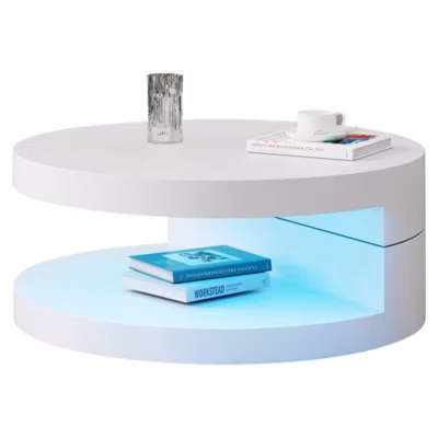 Table Basse 70x70cm Cylindrique, LED 16 Couleurs, MDF Blanc