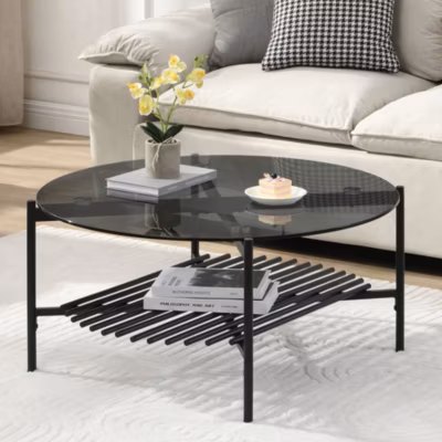 Table basse table de salon verre métal 80 cm noir table de canapé ronde FineBuy
