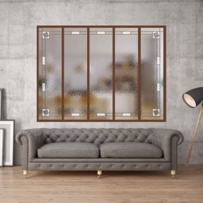 Verrière 5 verres Mackintosh – L x H : 168 x 125 cm – Laqué brun 2650 granité – verre Sahara inclus