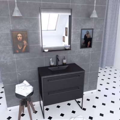 Meuble de salle de bain 80×50 cm – 2 tiroirs noir mat – vasque résine noire effet pierre + miroir