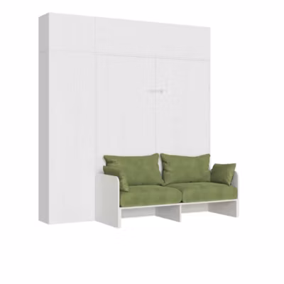 Lit double escamotable Kentaro 160 cm avec canapé et meubles en frêne blanc, vert