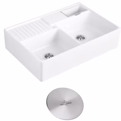 Evier timbre d&rsquo;office VILLEROY ET BOCH Tradition 2 bacs 89,5 x 63 céramique vidage manuel blanc + Cache bonde acier massif