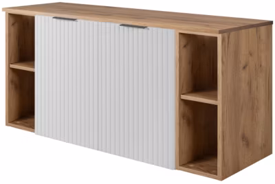 Meuble sous vasque à 2 portes FLOW BLANC 120 cm avec 2 x l&rsquo;étagères – extensions et plan CHÊNE