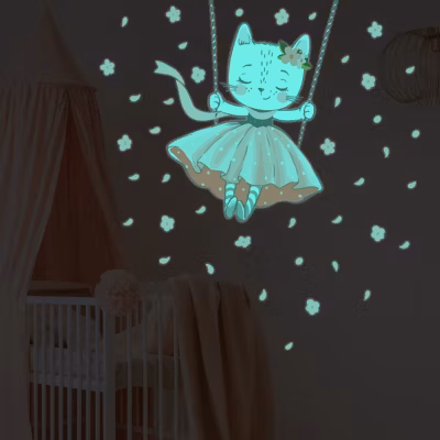Sticker phosphorescent lumineux – CHAT DANSEUSE – Autocollant mural plafond enfant fluorescent – 70x60cm
