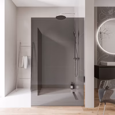 2 Parois de douche italienne d&rsquo;angle 140x200cm + 70cm, verre fumé NANO 10mm, profilé mural + sol inox chrome – EX102