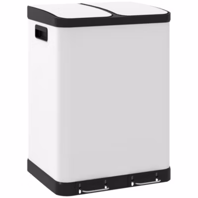 Poubelle de cuisine 2 x 30L – poubelle à pédale 2 compartiments seaux amovibles – acier inox. blanc