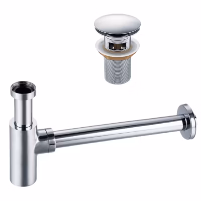 BALNEO – ensemble bonde de lavabo Klik Klak A avec trop-plein chromé + siphon rond chromé en laiton – kit pour lavabo