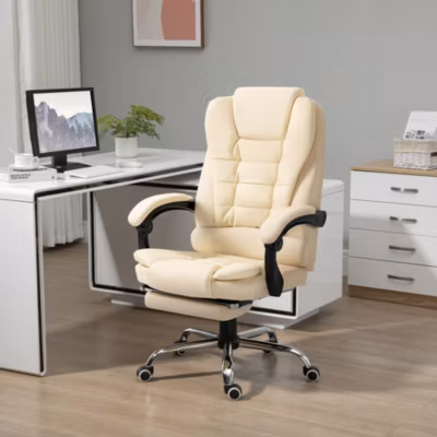 Fauteuil de Bureau Ergonomique – Fauteuil de Direction Inclinable avec Repose-Pieds et Accoudoirs Rembourrés – PU Blanc Crème