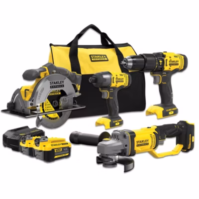 STANLEY FATMAX V20 Kit 4 Outils – Perceuse à percussion + Visseuse à impact + Scie circulaire + Meuleuse – 2 batteries 4Ah