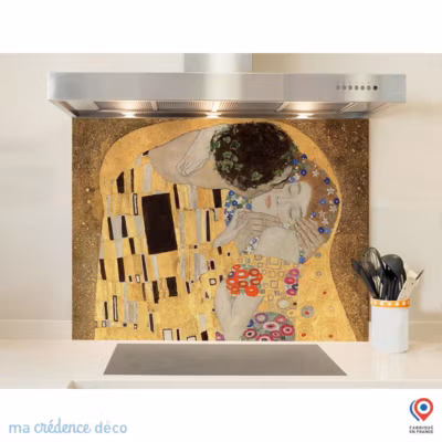 Crédence cuisine fond de hotte Gustav Klimt, Le baiser – Verre trempé – L 90 cm x H 60 cm – MaCrédenceDéco