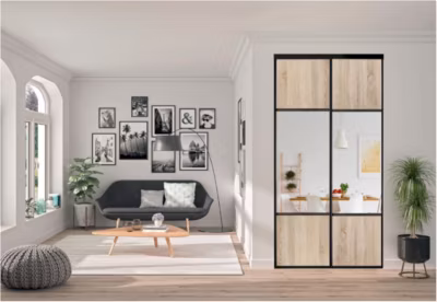 OPTIMUM pack portes de placard coulissantes, 2 vantaux décor chêne sauvage partitionné miroir argent H2500mm X L1200mm