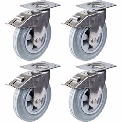 200mm 8&Prime; roulette en acier inoxydable caoutchouc gris, pivotante avec frein, 820kg, jeu de 4