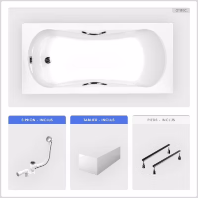 Baignoire rectangulaire – 160 x 70 cm – avec Tablier Blanc – Pieds – Poignées – Vidage Chrome – ARIA PLUS