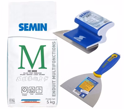 Enduit Multifonctions CE 3000 Semin, Intérieur, Sac de 5 kg, Lame 15 cm et Lame à enduire 15 cm