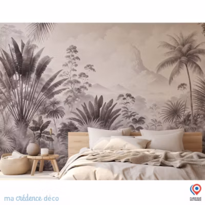 Papier peint Fresque tropicale, palmiers et paysage, Aquarelle – Intissé – 300 cm – 280 cm – MaCrédenceDéco