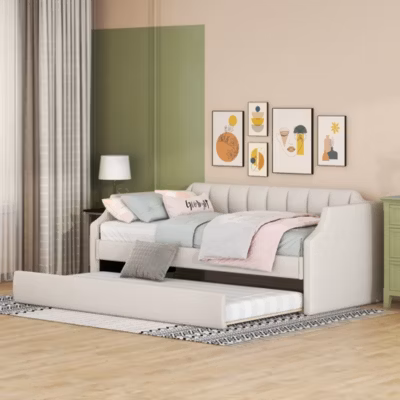Lit 90×200 cm tapissé lin-coton beige avec sommier gigogne à roulettes, design moderne et élégant